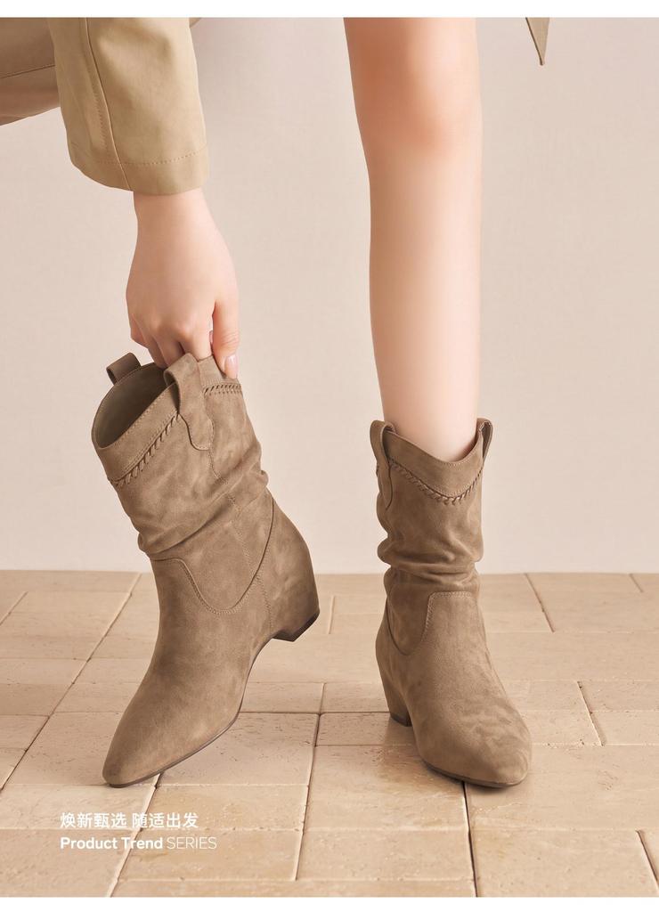 Inner Height Increasing Western Cowboy Boots Vintage Pleated Pile Boots Pointed Frosted Suede Maillard Medium Boots