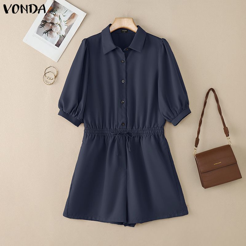 VONDA Women Lapel Collar Half Sleeve Loose Casual Short Jumpsuits Rompers Overalls