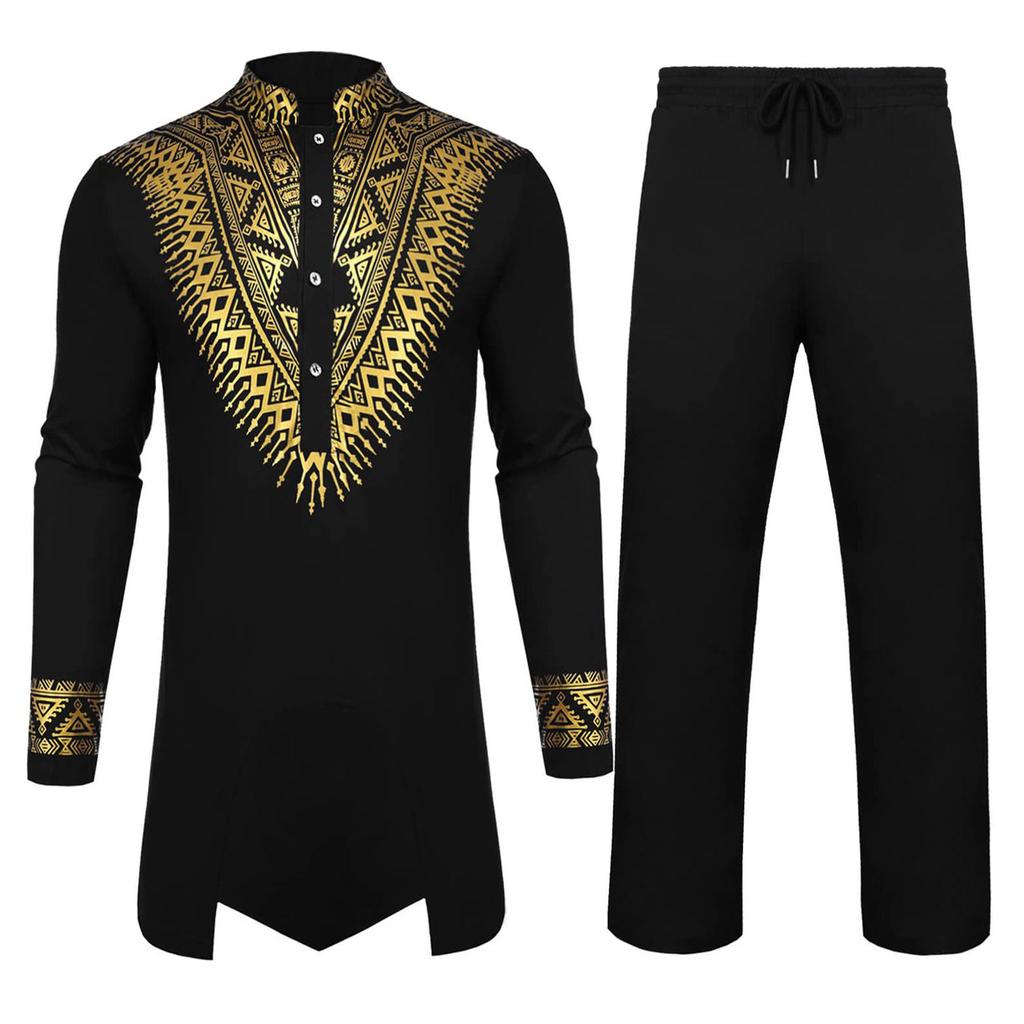 Men's Fashion Ethnic Style Robe Suit Men's Casual Hot Stamping Printed Robe Suit