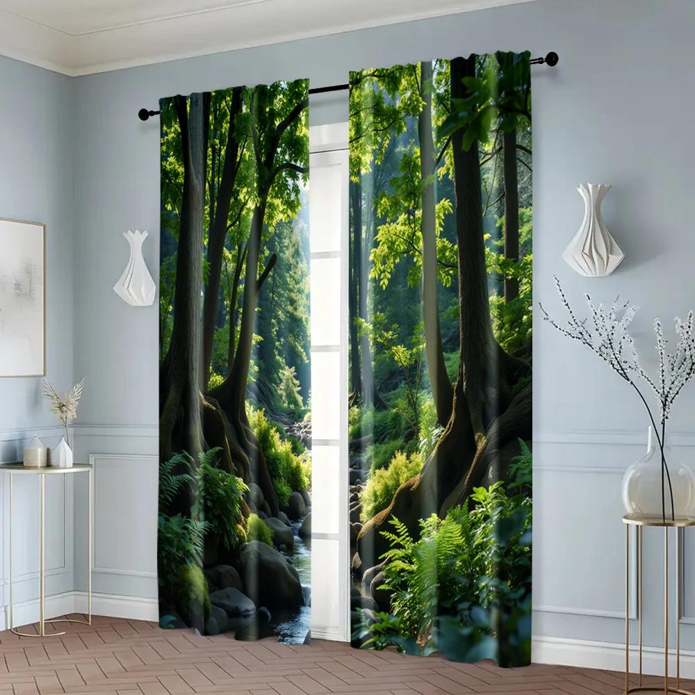 2pcs   Popular Curtain Panels Green Forest Print Versatile 100% Polyester (without rod) All Seasons Use for Kitchen Living Room