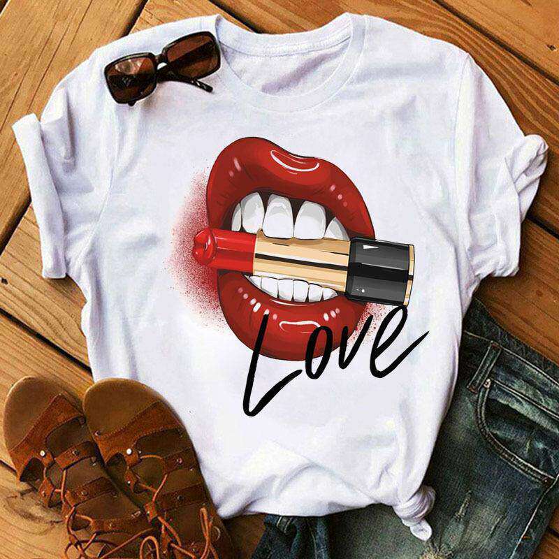 Lippen Reine Baumwolle Bedruckt Unisex und Damen Modetrend T-Shirt Sommer Neu Personalisiert Rundhals Locker Lässig T-Shirt