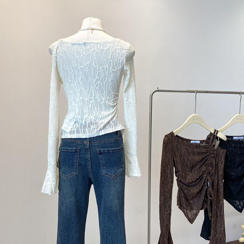 2024 Autumn Korean Chic Off-Shoulder Bell Sleeve Cropped Top for Women