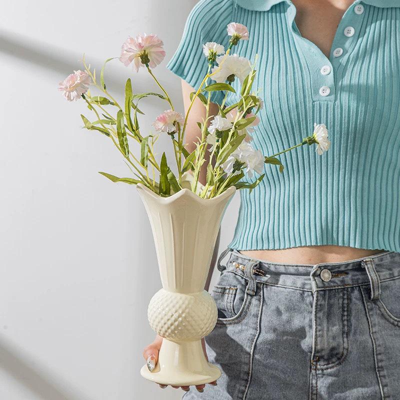 Cream Style Lace Ceramic Vase - Luxury Decor for Living and Dining Rooms