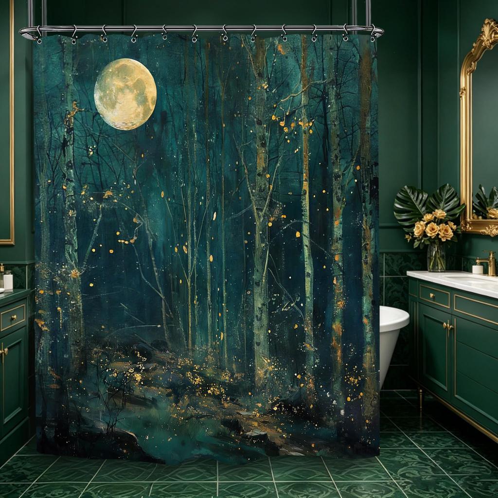 Vintage Dark Green Forest Bathroom Shower Curtain Night Moon Landscape Nature Mystical Midnight Polyester Fabric 12 Plastic