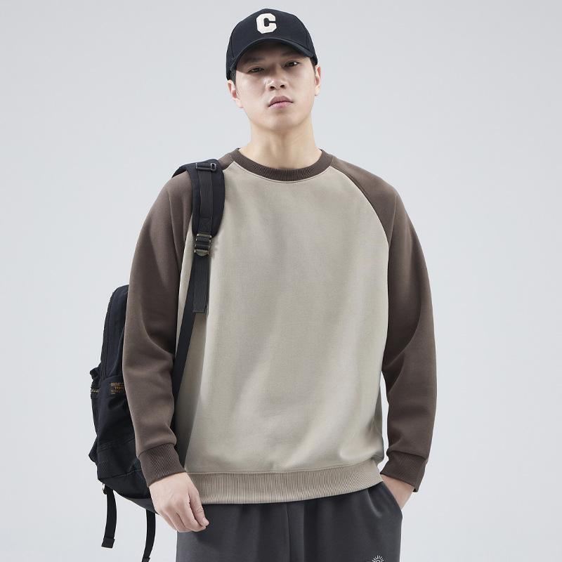 2024 Осень/Зима Новая американская ретро-толстовка с капюшоном, мужская свободная модная футболка, контрастный низ, круглая горловина, длинный рукав, топ для мужчин XXXL коричневый