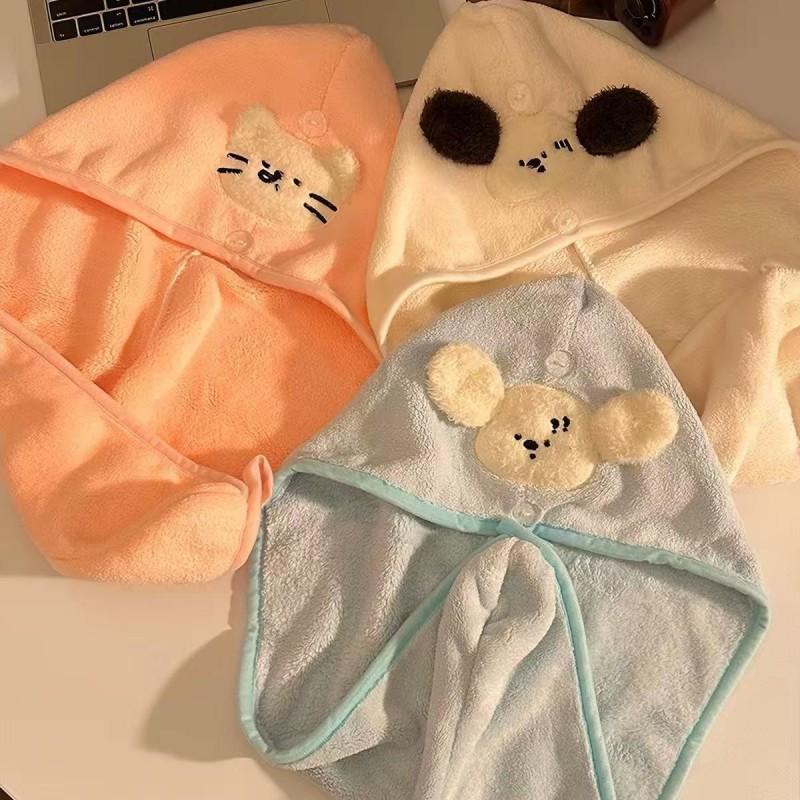 Soft Coral Fleece Hair Drying Cap Women With Cute Dog Quick Dry Absorbent Towel Hat