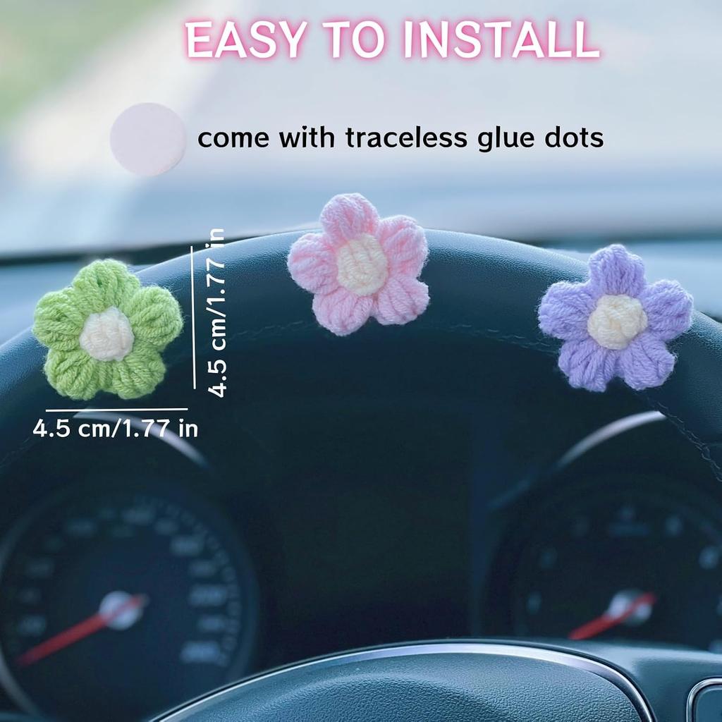 Crochet Flowers Dashboard Decorations, 6Pcs Cute Car Accessories for Women Interior Aesthetic, Handmade Knit Flowers Home Decor