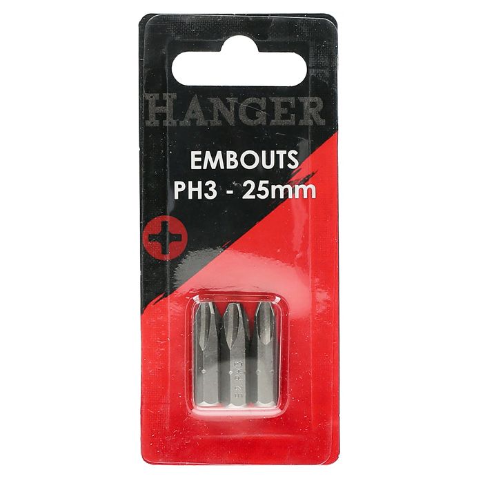 Embouts de vissage cruciformes PH3 - HANGER - Carte 3 embouts - Acier S2 - Emmanchement 1/4'' - Longueur 25 mm