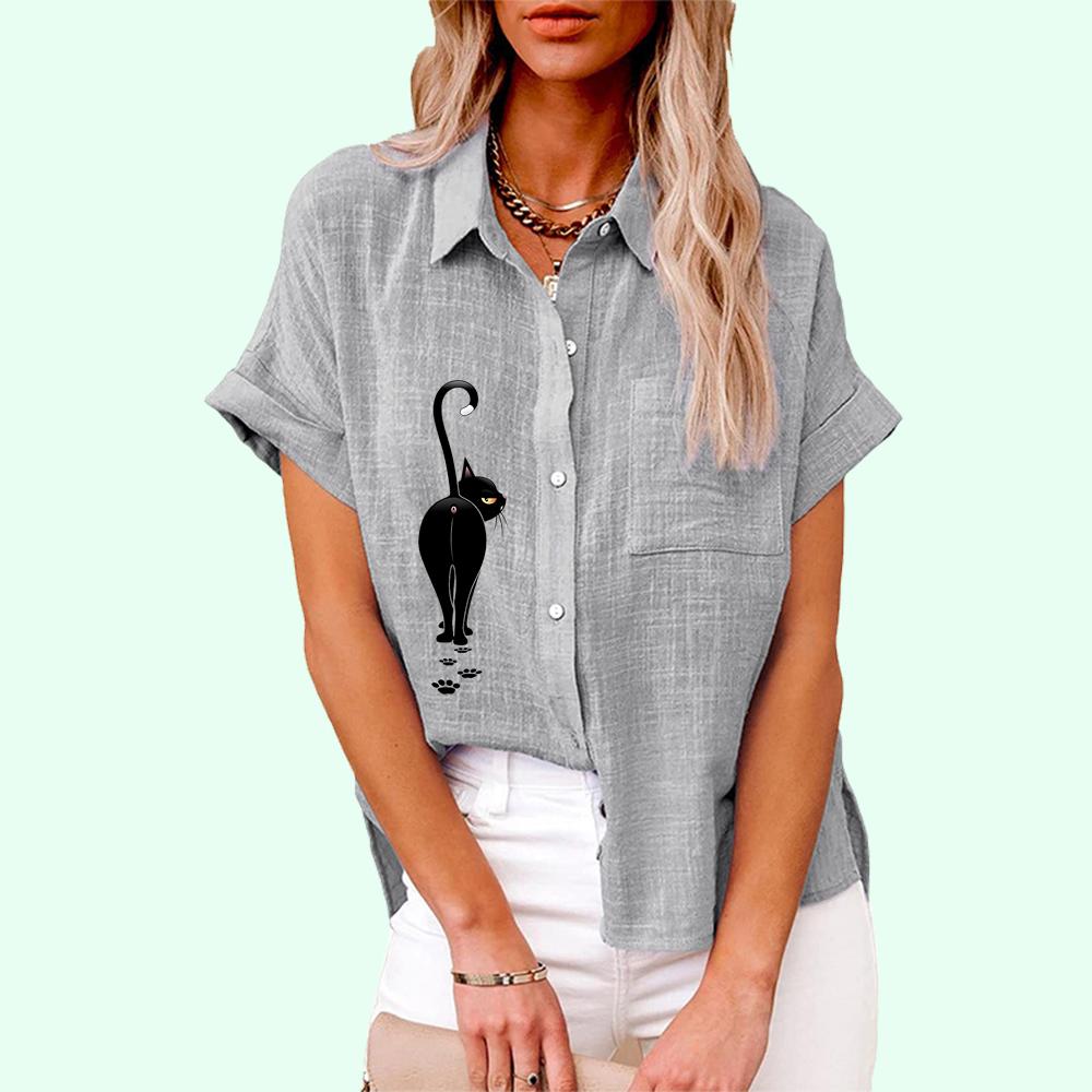 Plus Size Women Casual Short Sleeve Linen Top Summer&fall Fashion Cat Print Blouse Ladies Loose Buttoned T-shirt