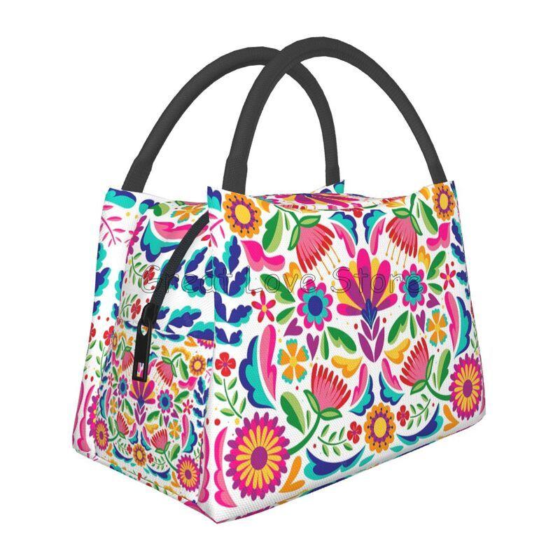 

Mexican Flowers Floral Art Thermal Lunch Bag Women Portable Insulated Cooler Bag for Picnic Beach Work Reusable Lunch Box Bags