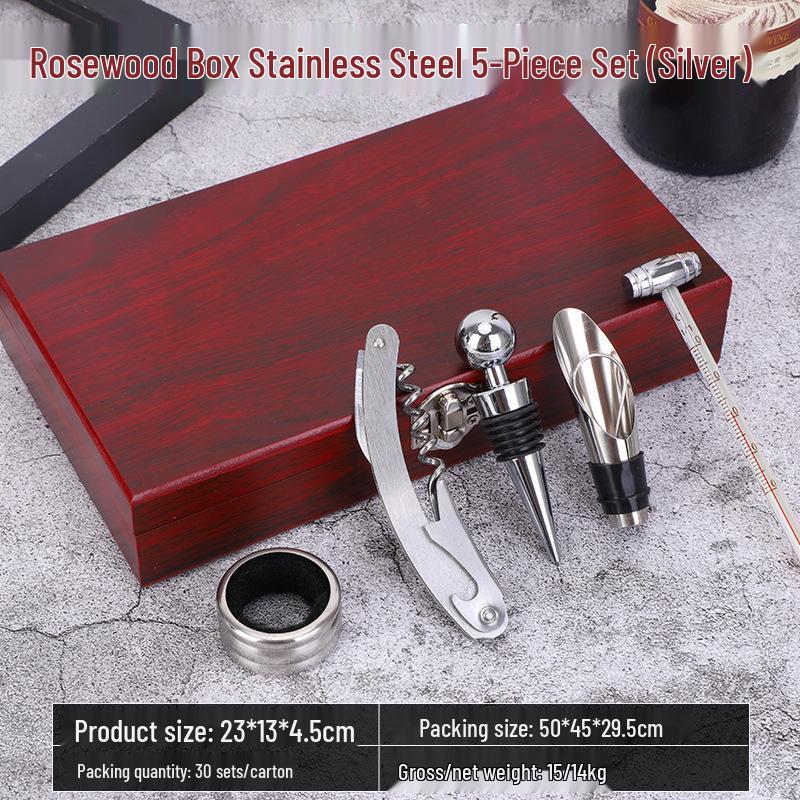 Premium Wine Opener Gift Set: Stainless Steel Pourer, Leather & Wooden Box, Waiter's Knife Corkscrew Barware