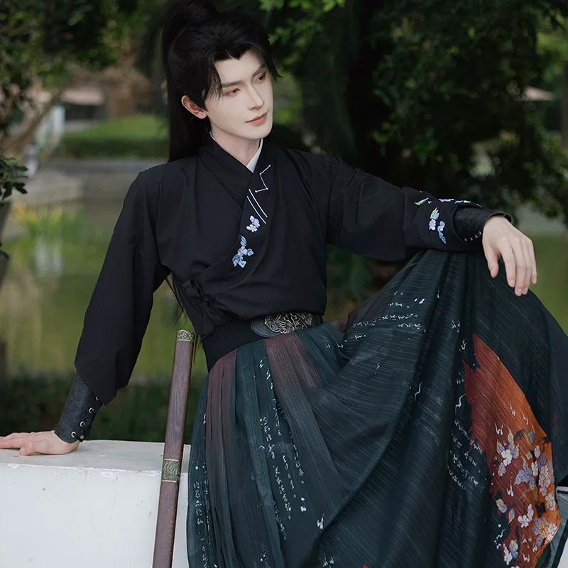 Original Wuxia Schwertkämpfer Hanfu Set für Männer und Frauen, Bestickter Langer Rock Traditionelles Chinesisches Kostüm, Frühling Sommer Tägliches Outfit
