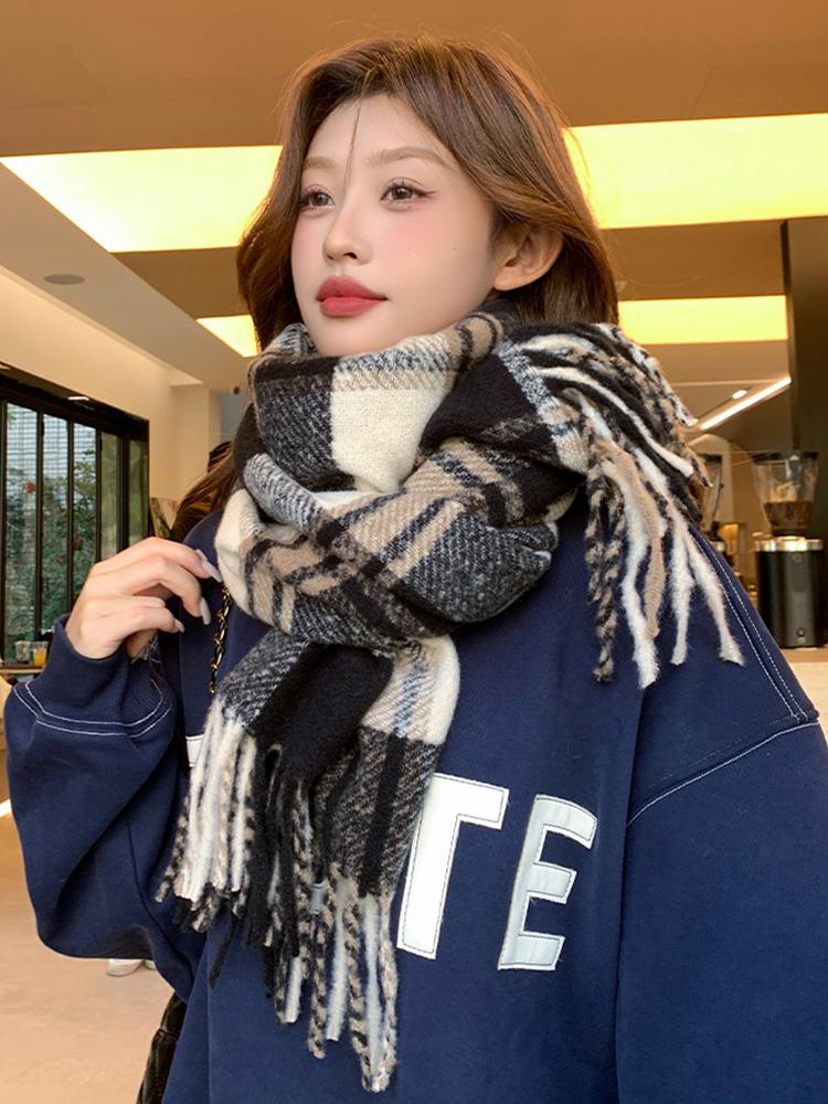 Women Winter Vintage Knitted Scarf Headscarf Ladies Men Casual Preppy Plaid Tassel Warm Scarve Mujer Male Foulard Wrap Shawl New