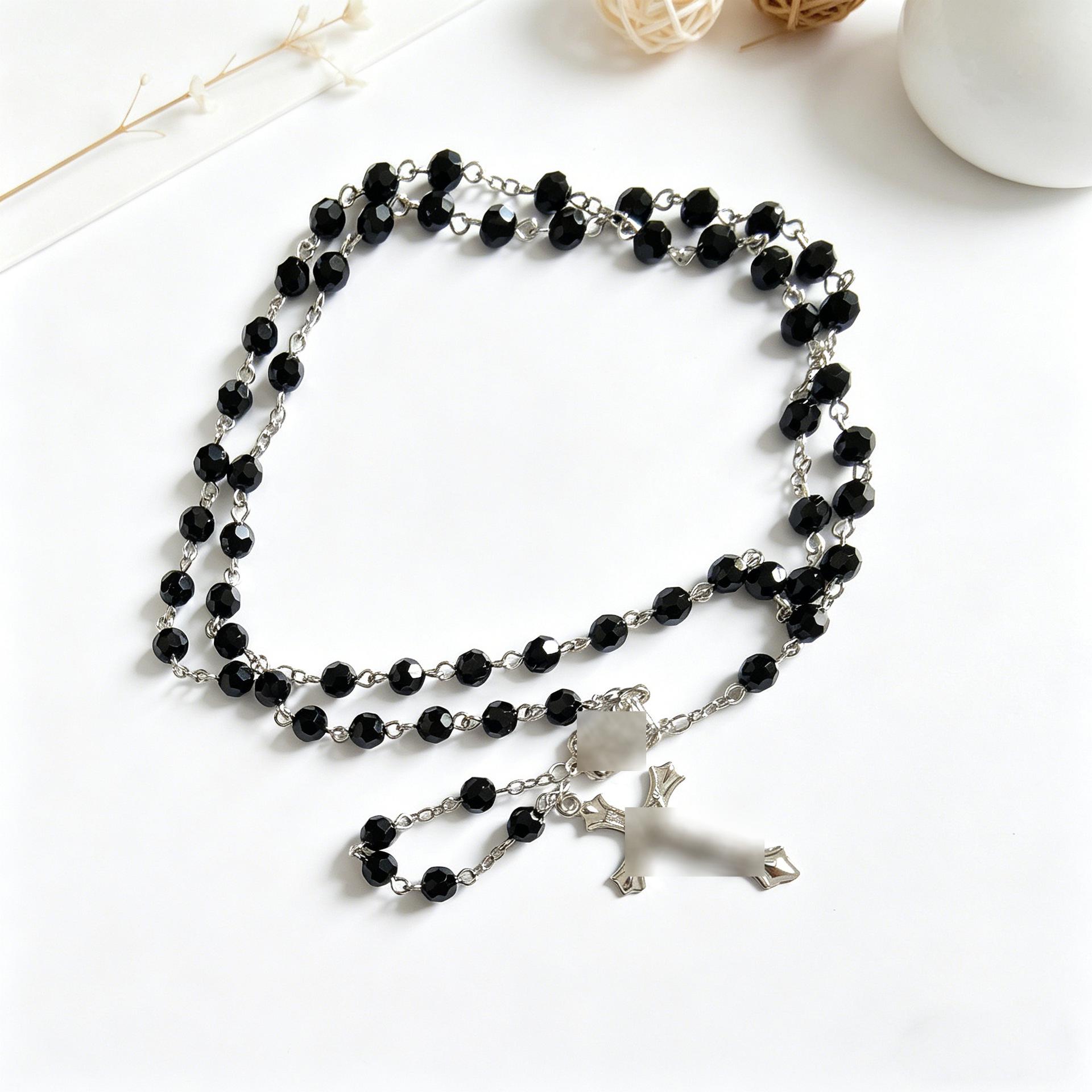 6mm Crystal Ball Beads Rosary Necklace with Cross Pendant - Unisex Accessories