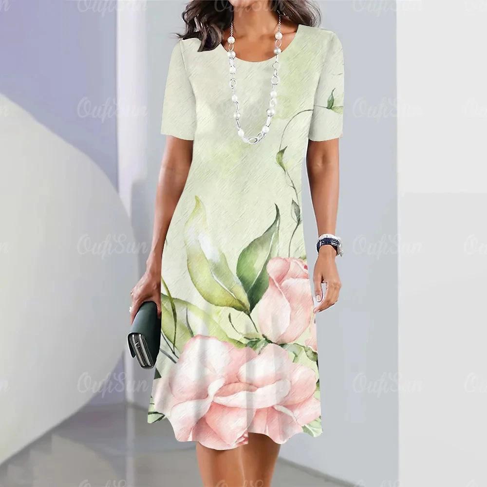 Elegant Summer Color Block Short Sleeve 3D Floral Maxi Dress with Cinched Waist and Round Neck