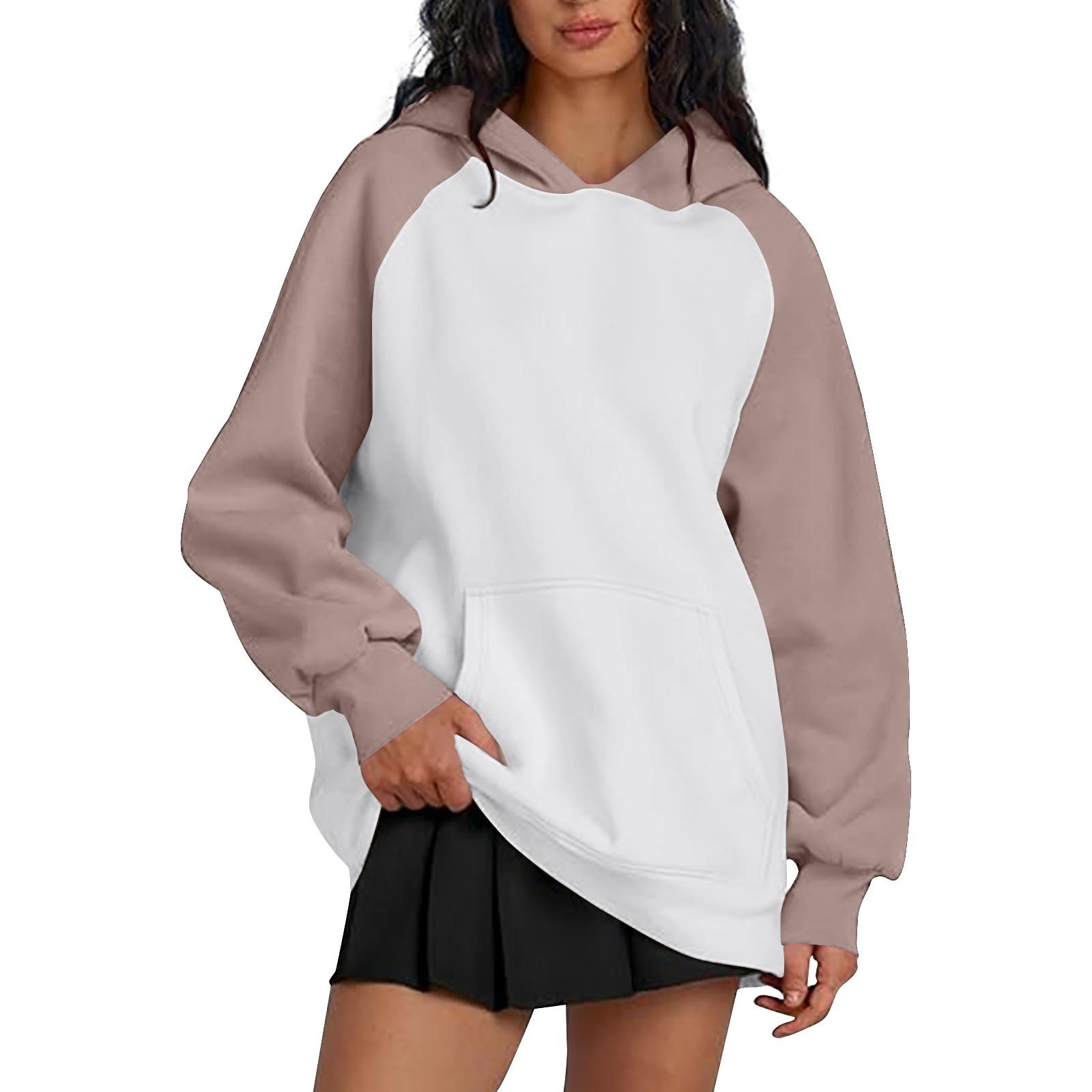 Женская мода повседневная толстовка с глубоким вырезом на плече с длинным рукавом и капюшоном в стиле пэчворк L бежевый 1856₽