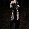 Goth Dark Punk Grunge High Split Hem Straps Dess 90s Streetwear Gown Women Sexy Corn Bandage Velvet Dresses Mall Gothic Clothing