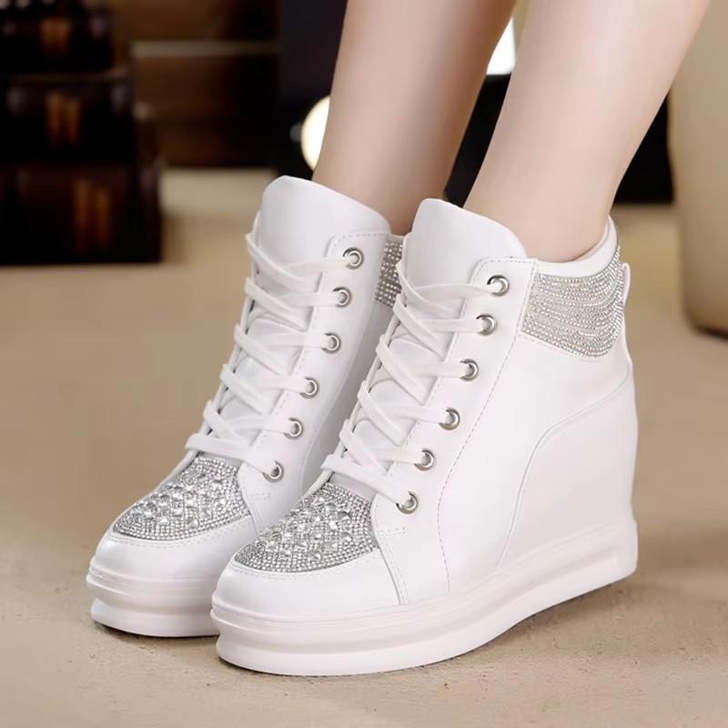 

High White Shoes Women Platform Rhinestone Fashion Casual Shoes Wedge Heel Lady Leisure Sneakers Shoe 33EU/CN34 белый