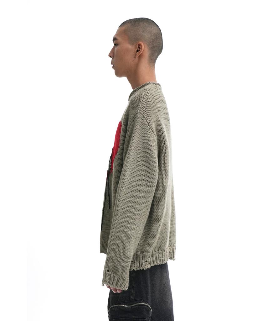 Opeunyadeu(Owai) Heart Stitch Destroyed Knit - Khaki