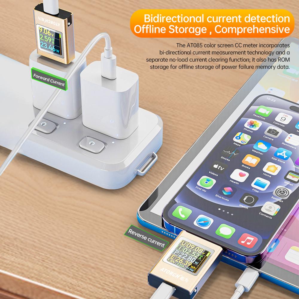AT085 DC 4.5-50V 0-12A 600W PD3.1 Digital Display Voltage Ammeter Power Bank Meter Type-c Cell Phone Charger TFT G-Sensor Tester