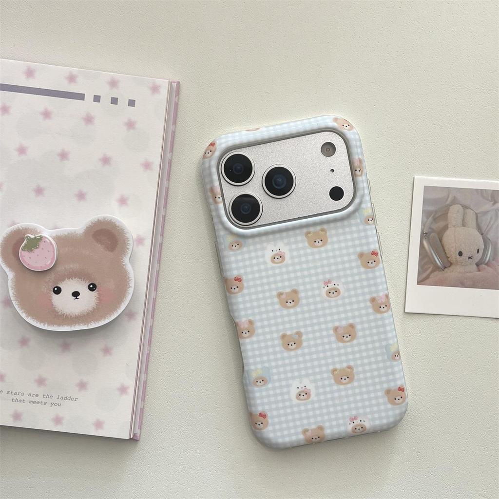 Plaid Little Bear Stand iPhone 14/13 & Apple 17/16/15 PROMAX Anti-fall Case