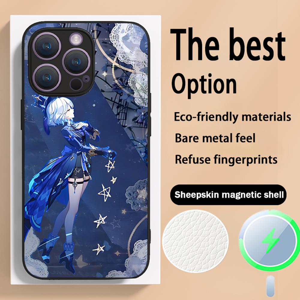 Genshin Furina game girl pattern Phone Case For iPhone 16 15 14 13 12 11 Plus Pro Max High-end Luxury Magsafe Sheepskin
