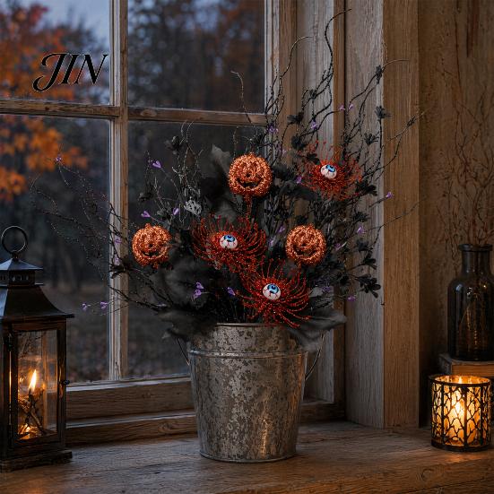 Spooky Party Decorations Halloween Artificial Branch with Pumpkin And Eyeball, Black Glitter Fake Twig Realistic Patterns Maple Leaves for Gothic Vase