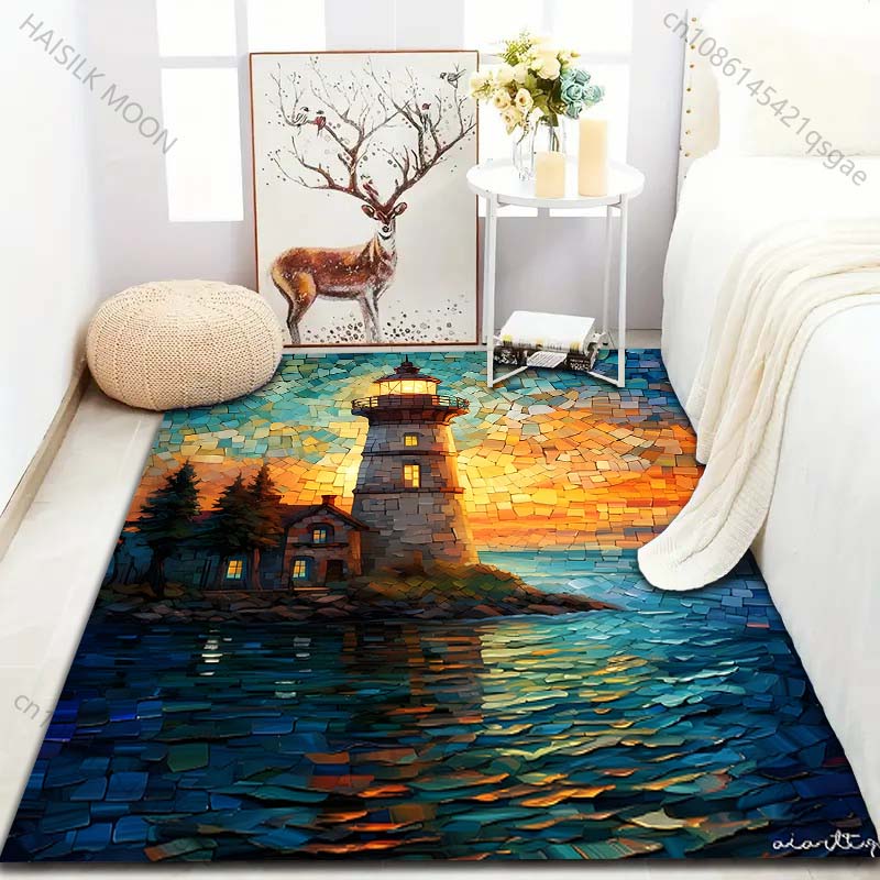 Seaside Lighthouse Stained Glass Window Print Carpet for Bedroom Living Room Bedside Sofa Floor Mat Modern Home Decor Area Rug