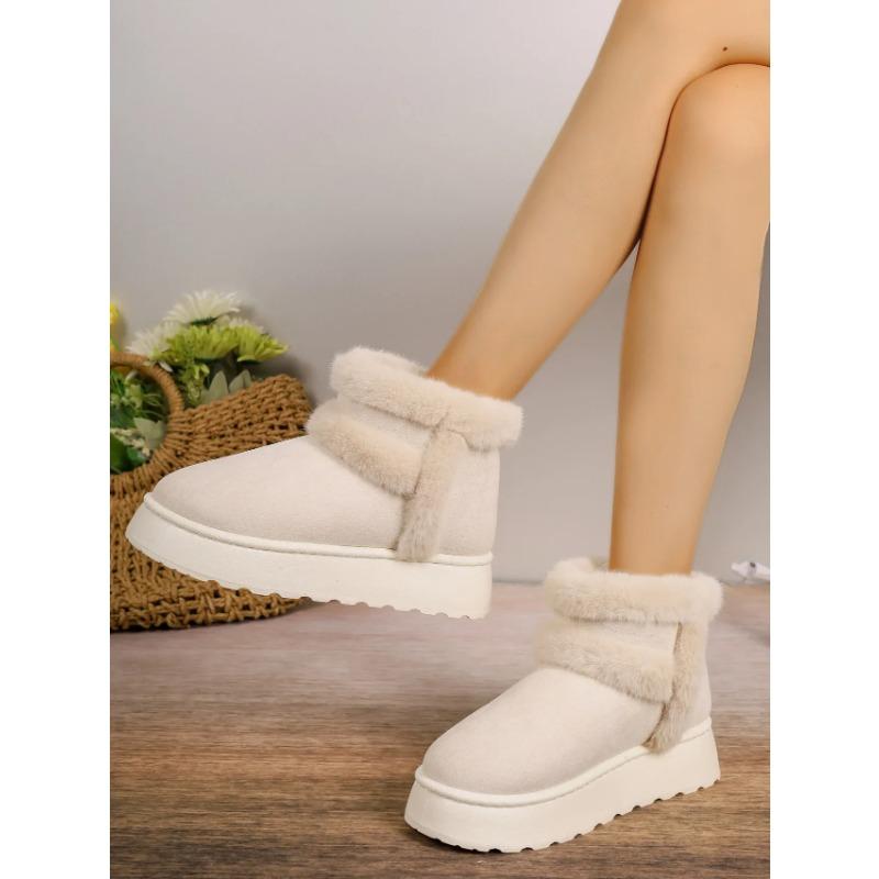 Women Snow Boots White Plush  Winter Snow Boots Flat Bottomed Short Tube Thick Sole Platform Comfort Warm Snow Cotton Shoes