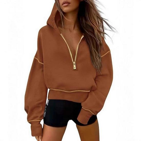 Women's Hooded Long Sleeve Half Zip Cropped Sweatshirt - Casual Autumn Winter Fashion 2026