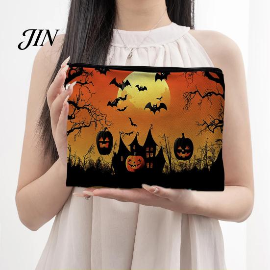 Durable Canvas Organizer for Travel Halloween Storage Bag, with Pumpkin Ghost Print, Washable Makeup Large Capacity Pouch, And Stationery Compact