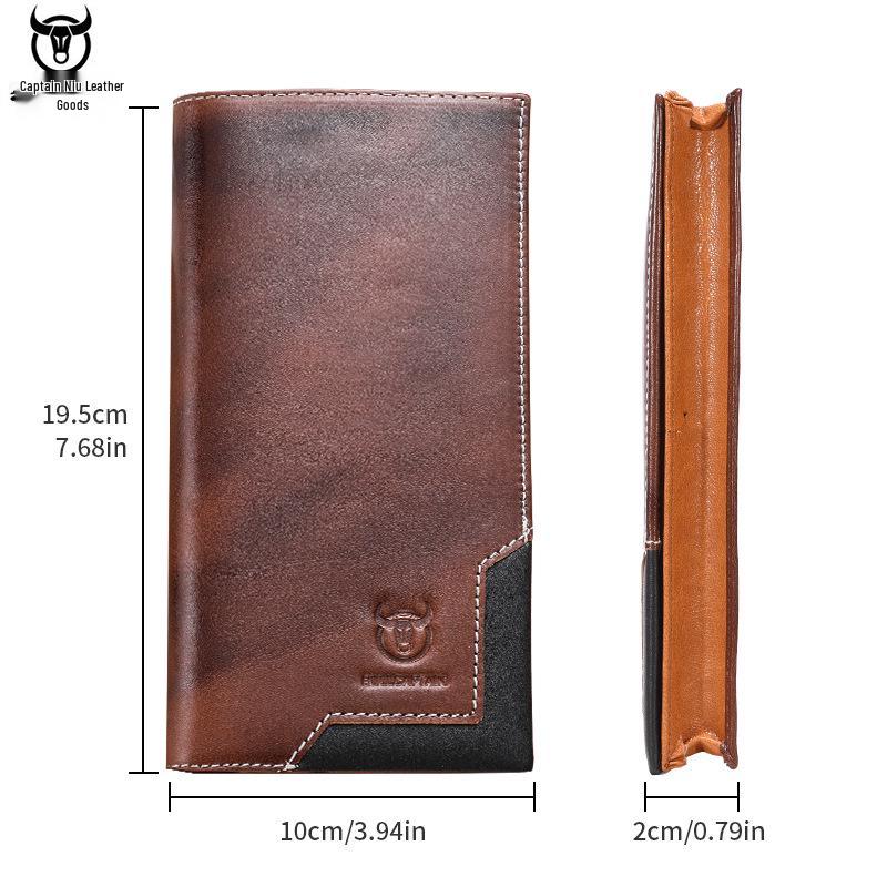 Portofel Lung Bifold Retro pentru Bărbați din Piele Naturală de Vacă Captain - Ceară de Ulei, Portmoneu pentru Monede de Capacitate Mare