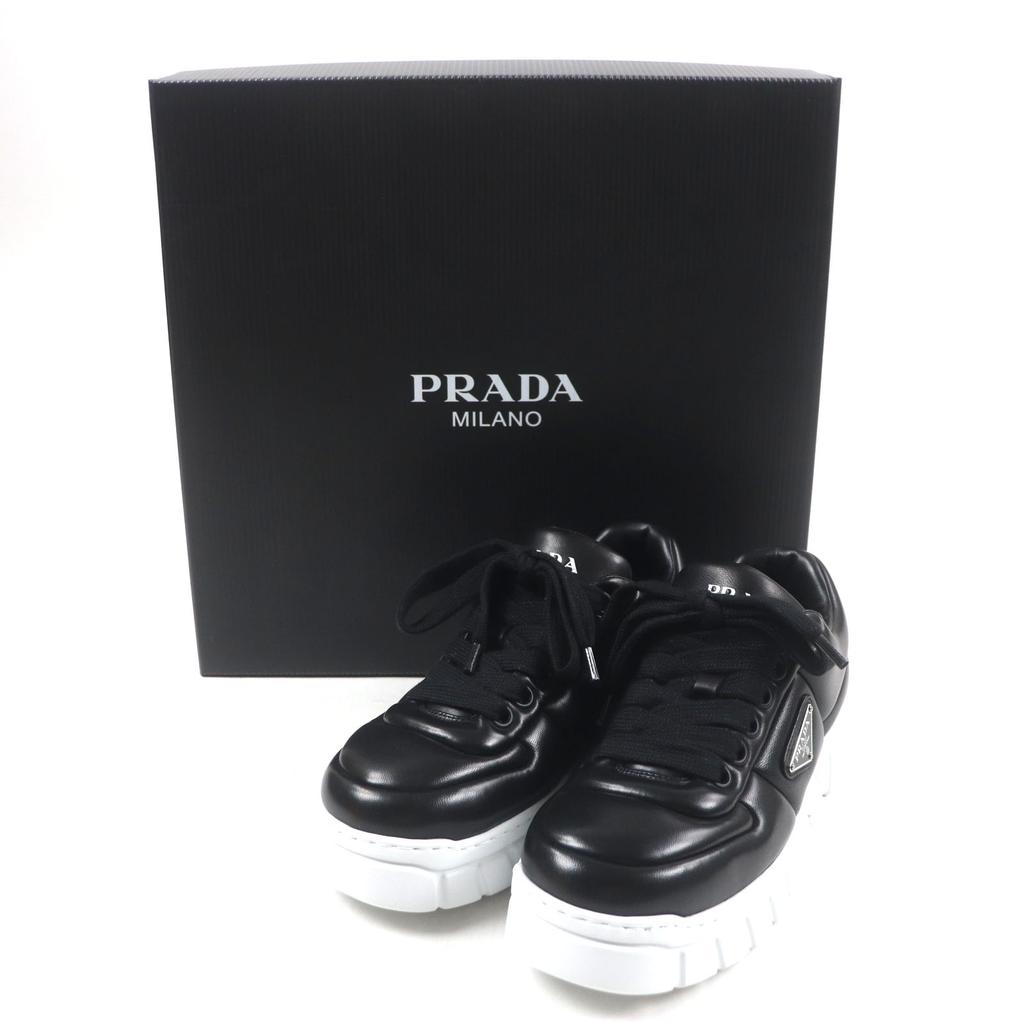 Pristine PRADA Sneakers Triangle Logo Triangle Plate Black Nappa Leather Mens 6 Used