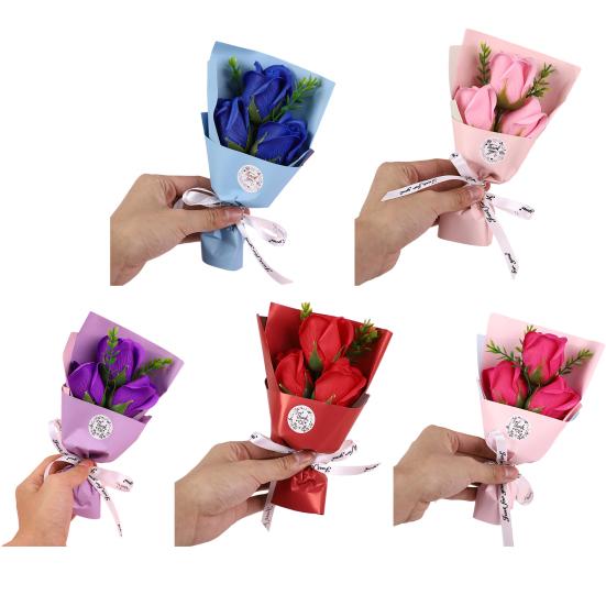 3 Heads Artificial Rose Bouquet Mini Scented Soap Flower Bouquet for Women Mom Wife Valentine's Day Anniversary Wedding Mother's Day Birthday Gift