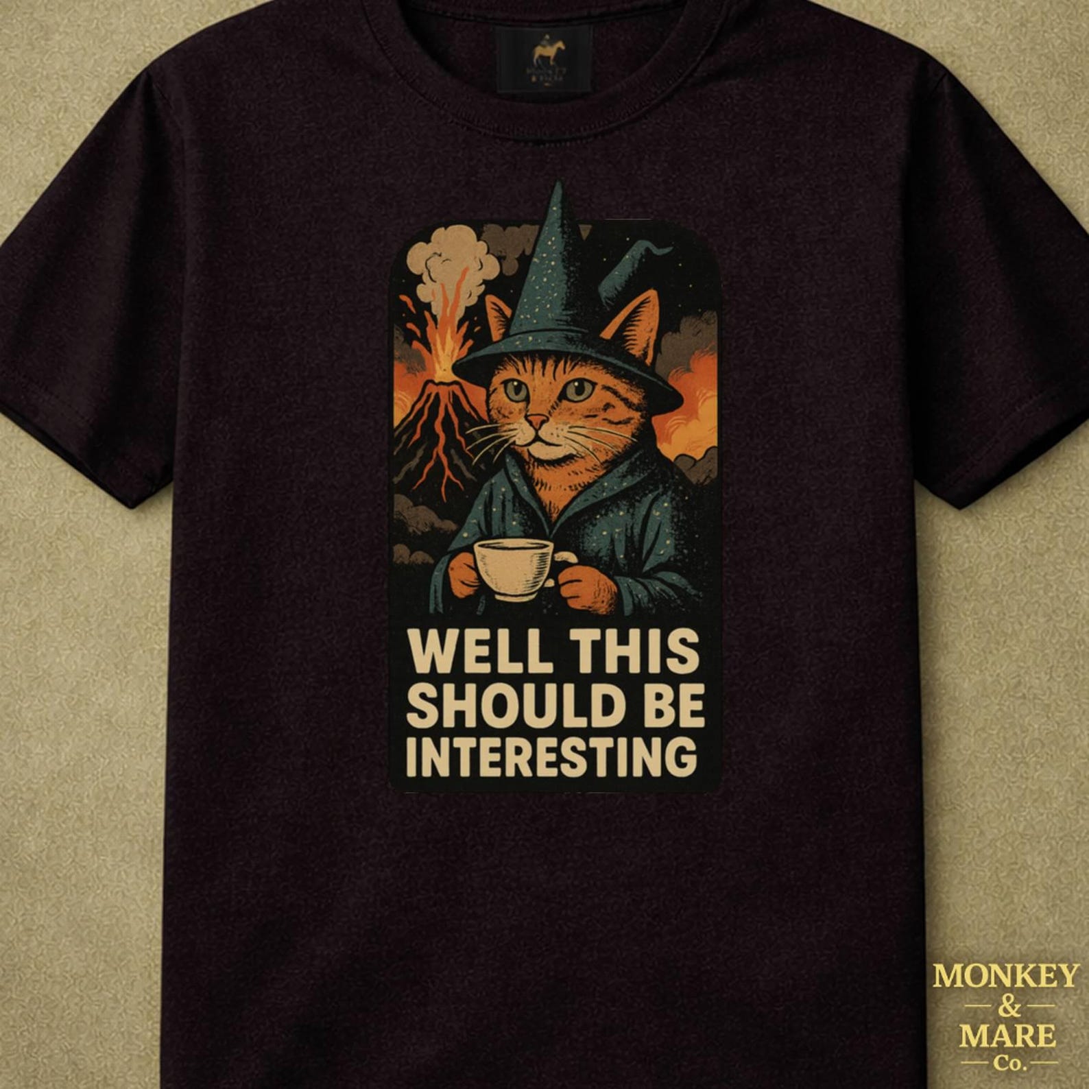 Wizard Cat Volcano Shirt, Well This Should Be Interesting, Cozy Fantasy Cat Humor Tee XL