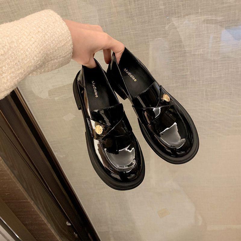 Small gold coins platform heel loafers 2025 new retro single shoes British style small leather shoes thick heel ins tide