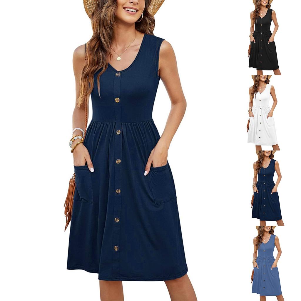 Women's Fashion Casual Solid Color Sleeveless V-Neck Buttoned Dress With Pockets
