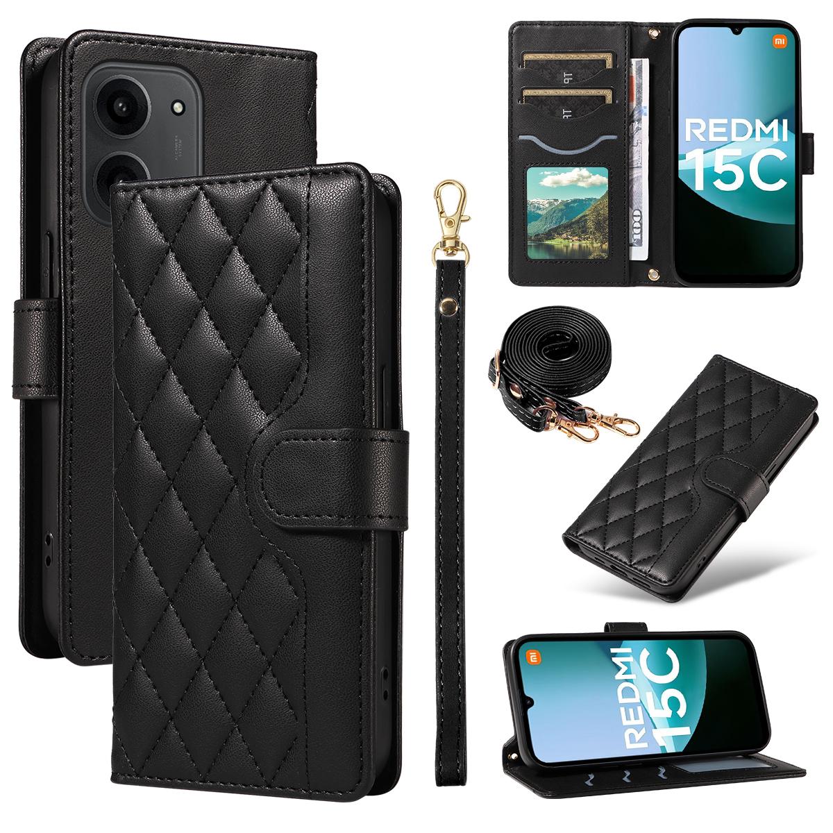 

Для Xiaomi Redmi 15C 4G (171 мм) Чехол-кошелек Ромбовидный кожаный чехол для телефона с ремешком Black