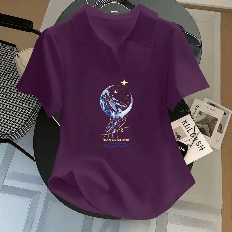 

Модная женская хлопковая футболка с коротким рукавом и принтом, летняя рубашка поло, повседневный топ XXL фиолетовый