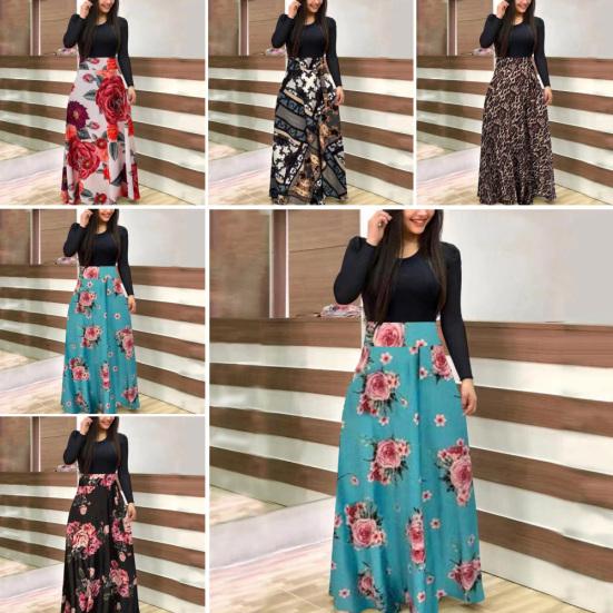 Women Floral Printed Patchwork Long Sleeve Cocktail Party Large Swing Maxi Dress