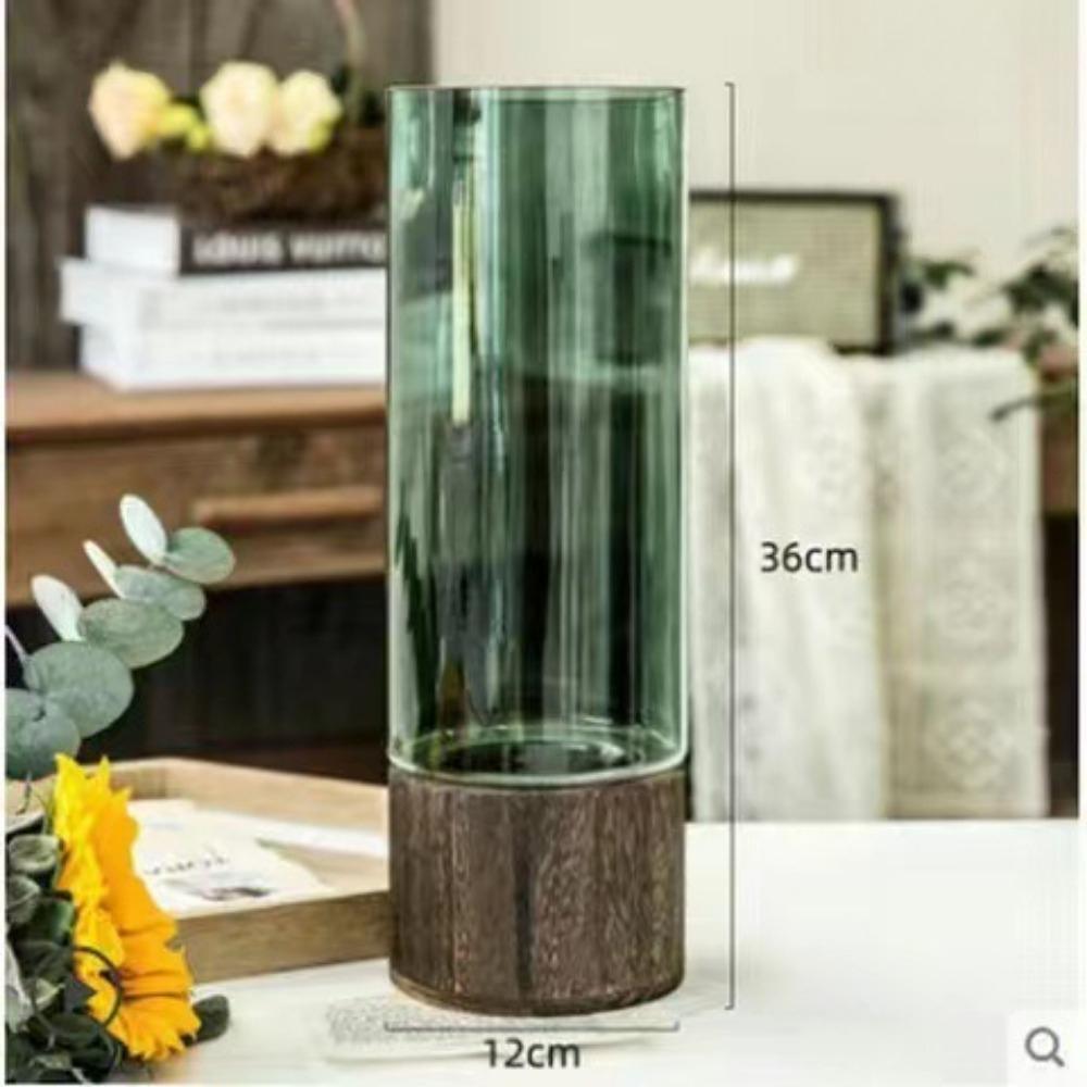 Simple Retro Light Luxury Wooden Base Glass Vase Water Nourishing Flowers Transparent Glass Vase Dining Table Decoration