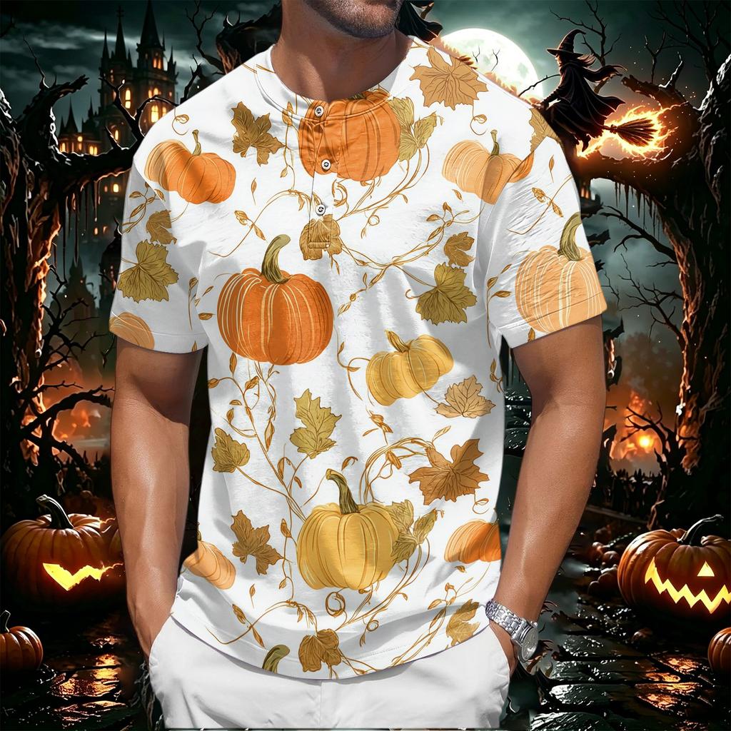 Men's Halloween Print Short Sleeve Henley Shirt Casual Button Up T-Shirt Lightweight Breathable Fabric for Everyday Wear