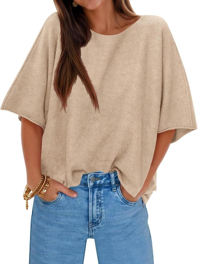 Maglione da Donna Oversize a Maniche Corte in Maglia Scollo a Barca Fantasia Pullover Autunnale