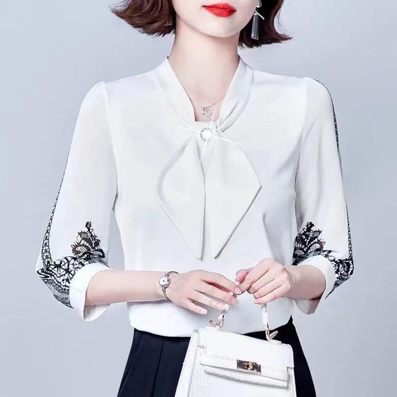 

Women s Spring/Fall Elegant Chiffon Blouse with Bow Detail: A Flattering French-Style Shirt 4XL білий
