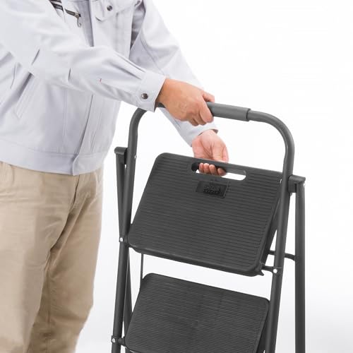 Sanwa Supply STL-1 2-Step Folding Stepladder, 150kg Weight Capacity, Steel Frame, Black