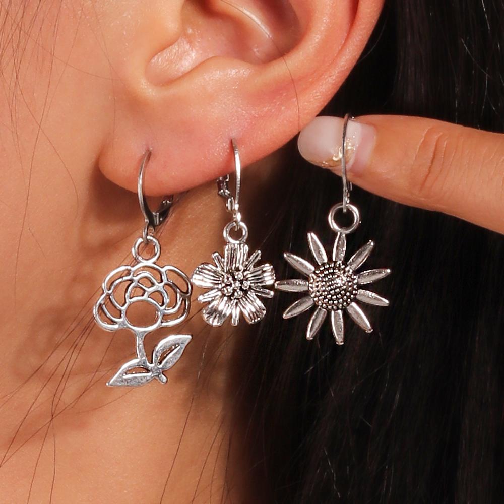3paris/set Vintage Alloy Flower Dangle Earrings Sunflower Rose Earrings for Women Girls Party Holiday Jewelry Gifts