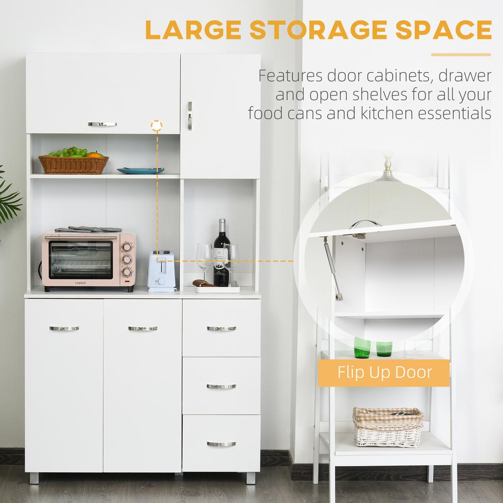 Kitchen Cupboard, 183cm Tall Storage Cabinet with Countertop, Sideboard with 3 Small Drawers, Flip Up Top Door, 3 Cabinet Doors and Open Shelves