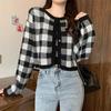 Korean Fashion Knit Long Sleeve Gingham Korean Short [KOREARU] Women's Sweater, Check, Camisole/Cardigan Set, Flattering, Stylish, Cute, Clothing,