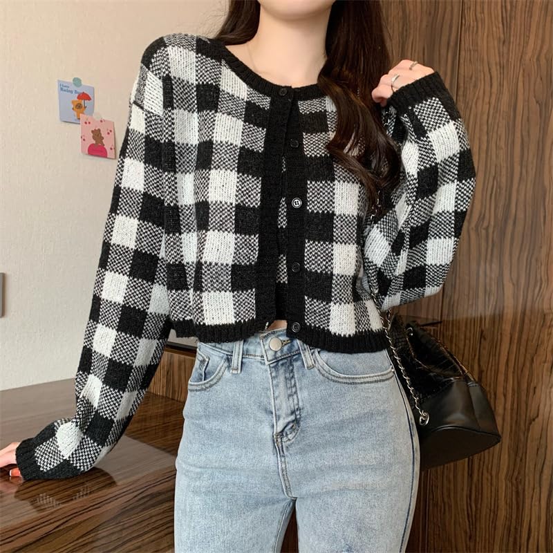 Korean Fashion Knit Long Sleeve Gingham Korean Short [KOREARU] Women's Sweater, Check, Camisole/Cardigan Set, Flattering, Stylish, Cute, Clothing,