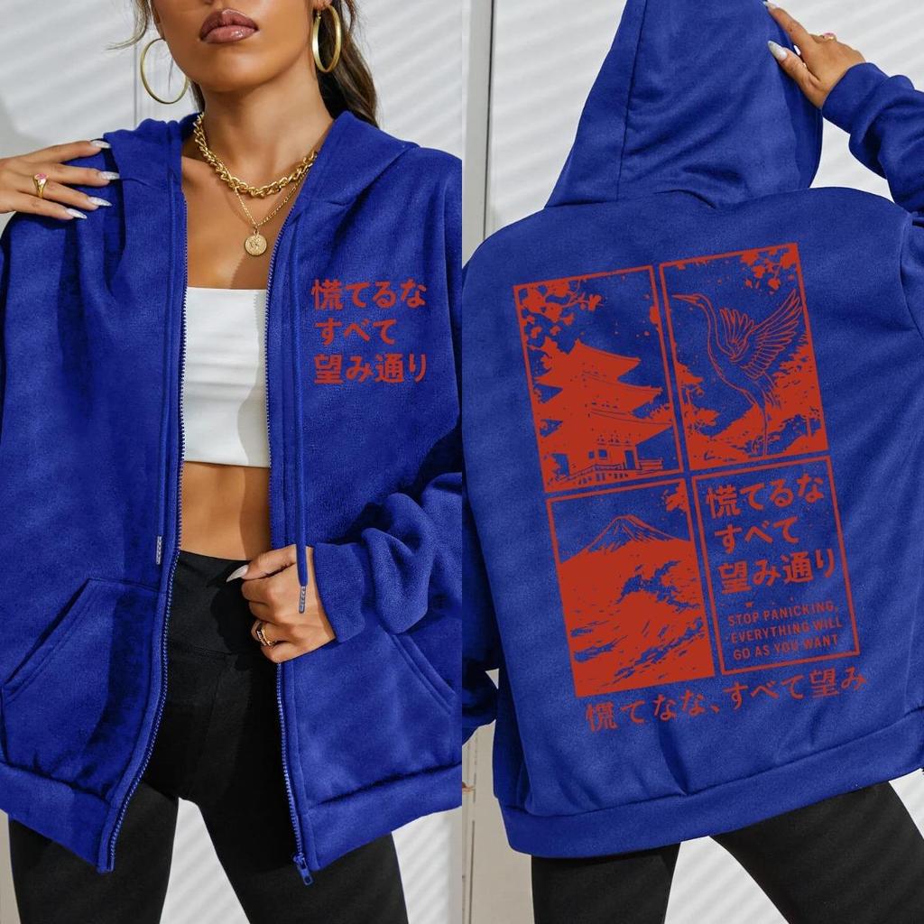 Japan Crane Cherry Blossoms Waves Art Letter Prints Zipper Hoody Woman Sportswear Casual Hoodie Autumn Clothes